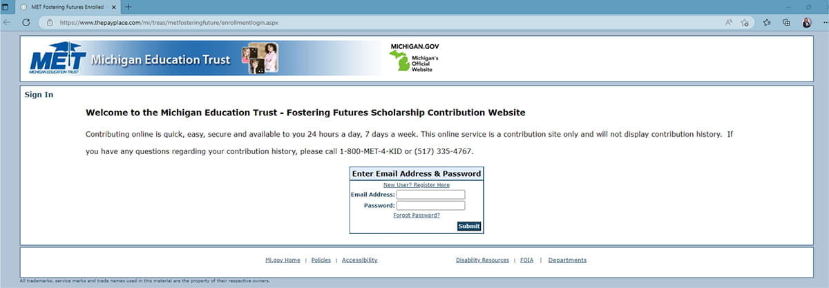 Screenshot of the Fostering Futures Scholarship Trust Fund payment website