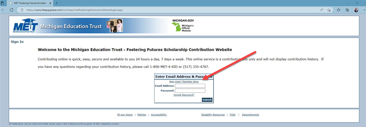 Screenshot of the login page of the donation website, with a red arrow pointing to the "New User? Register Here" link