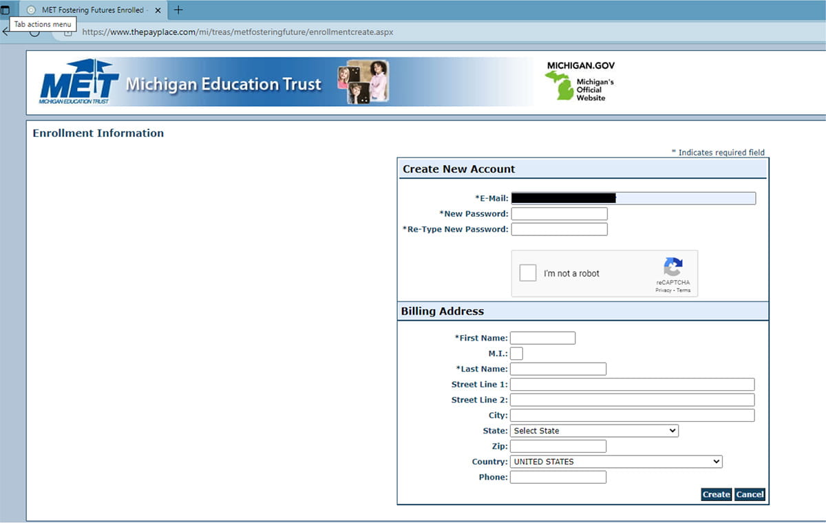Screenshot of filling out new account information on the donation website