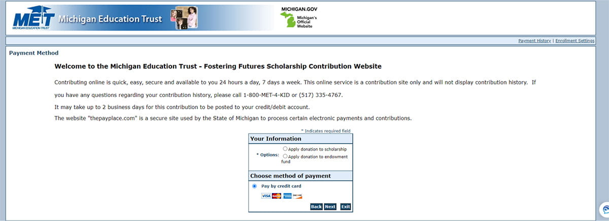 Screenshot of the donation website, where you select your type of donation.