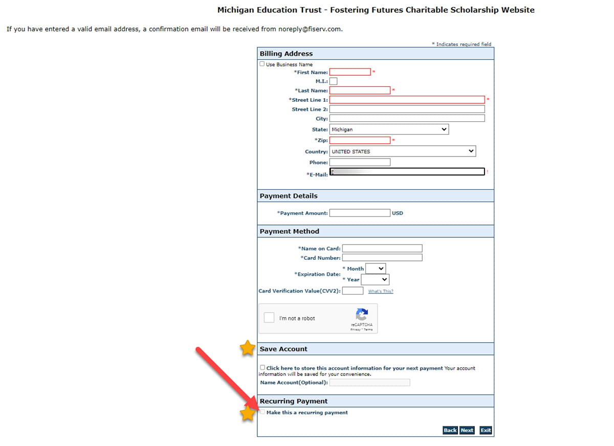 Screenshot of completing the form on the donation website