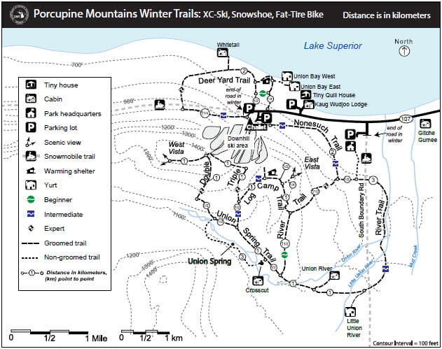 Map of cross country ski trails at Porkies