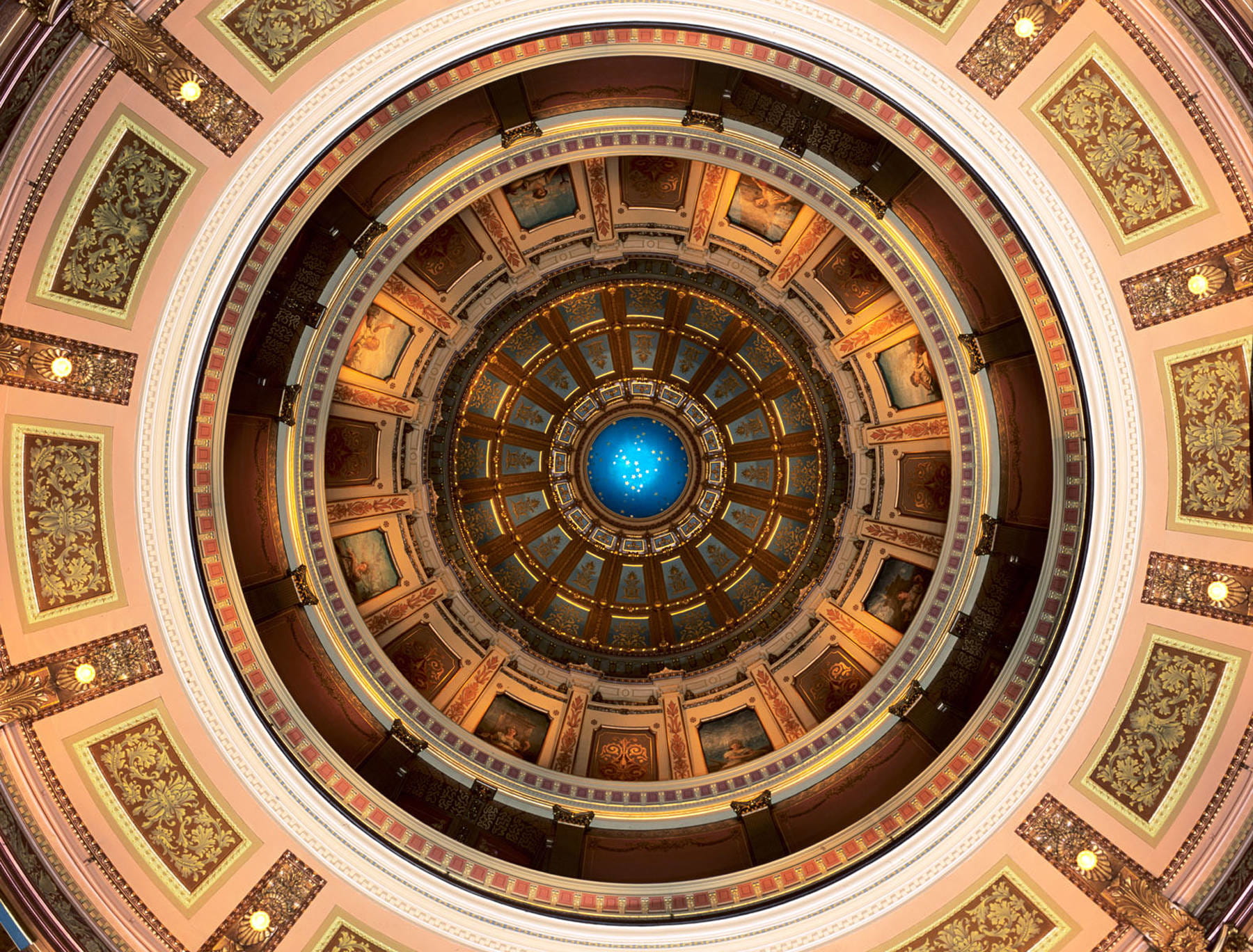 Looking up at the rotunda ceiling in the Michigan State Capitol.