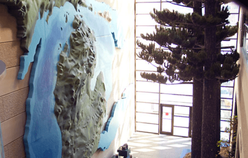 Image of Michigan Map on the wall of the Michigan Historical Center.