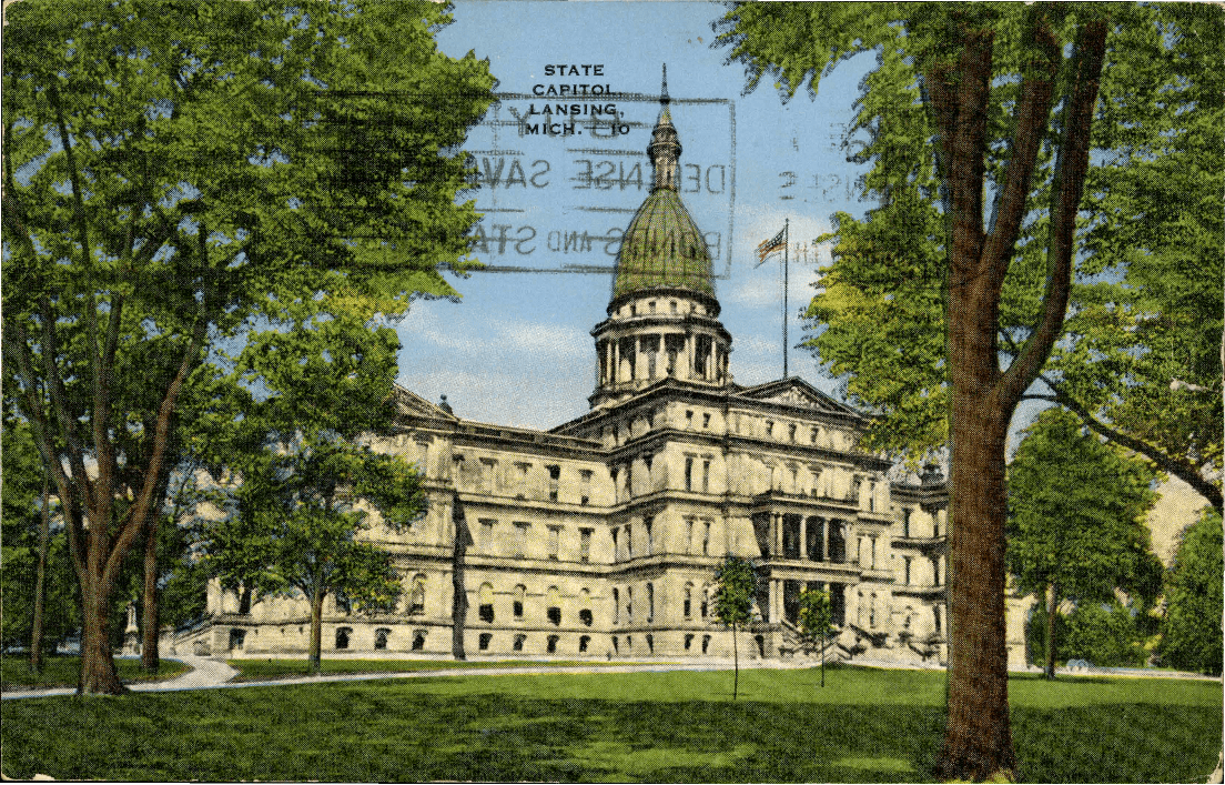 An image of a postcard of the Michigan State Capitol.