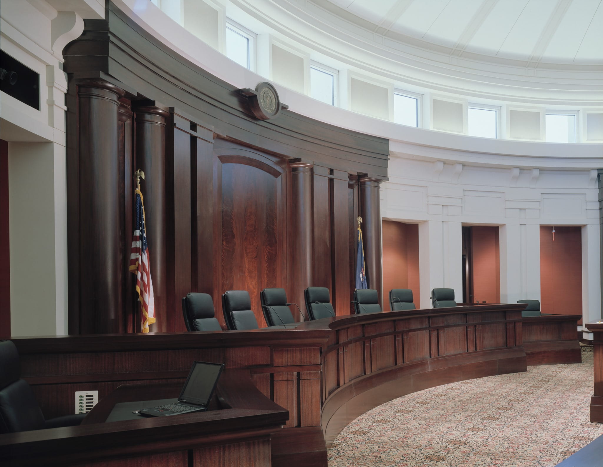 Court bench in the Michigan Hall of Justice.