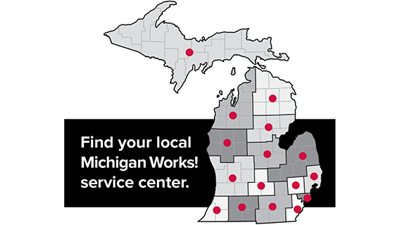 Map of Michigan with Michigan Works! service centers featured by dots on the map.
