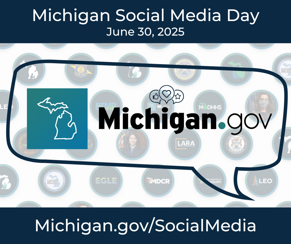 Promo graphic. Includes the following text Social Media Day in Michigan. June 30, 2025. Michigan.gov/SocialMedia. Includes decorative elements.