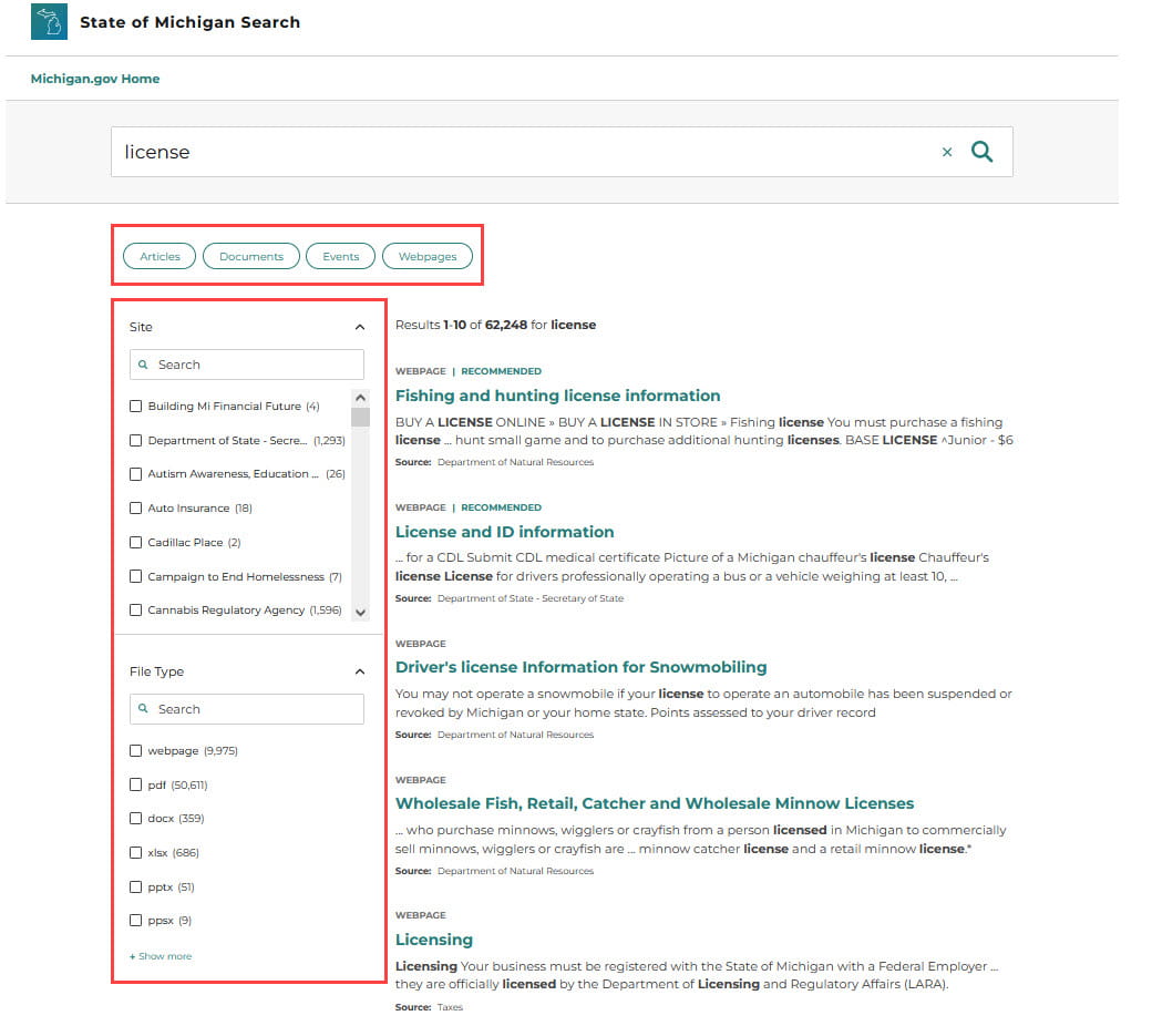 Image of the new Michigan.gov search showing filter category options.