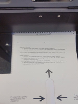 ES&S Tabulator Auxiliary Bin ballot in slot