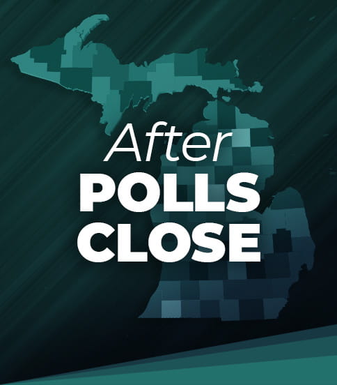 The words "AFTER POLLS CLOSE" over a dark blue and green tinted photo of the state of Michigan with county lines