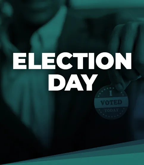 The words ELECTION DAY over a dark blue and green tinted photo of a man holding a "I Voted Today" sticker