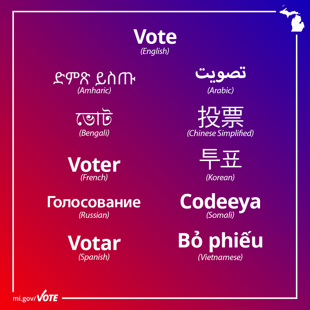 The word vote in English, Amharic, Bengali, Russian, Spanish, Arabic, Chinese Simplified, Korean, Somali, and Vietnamese.