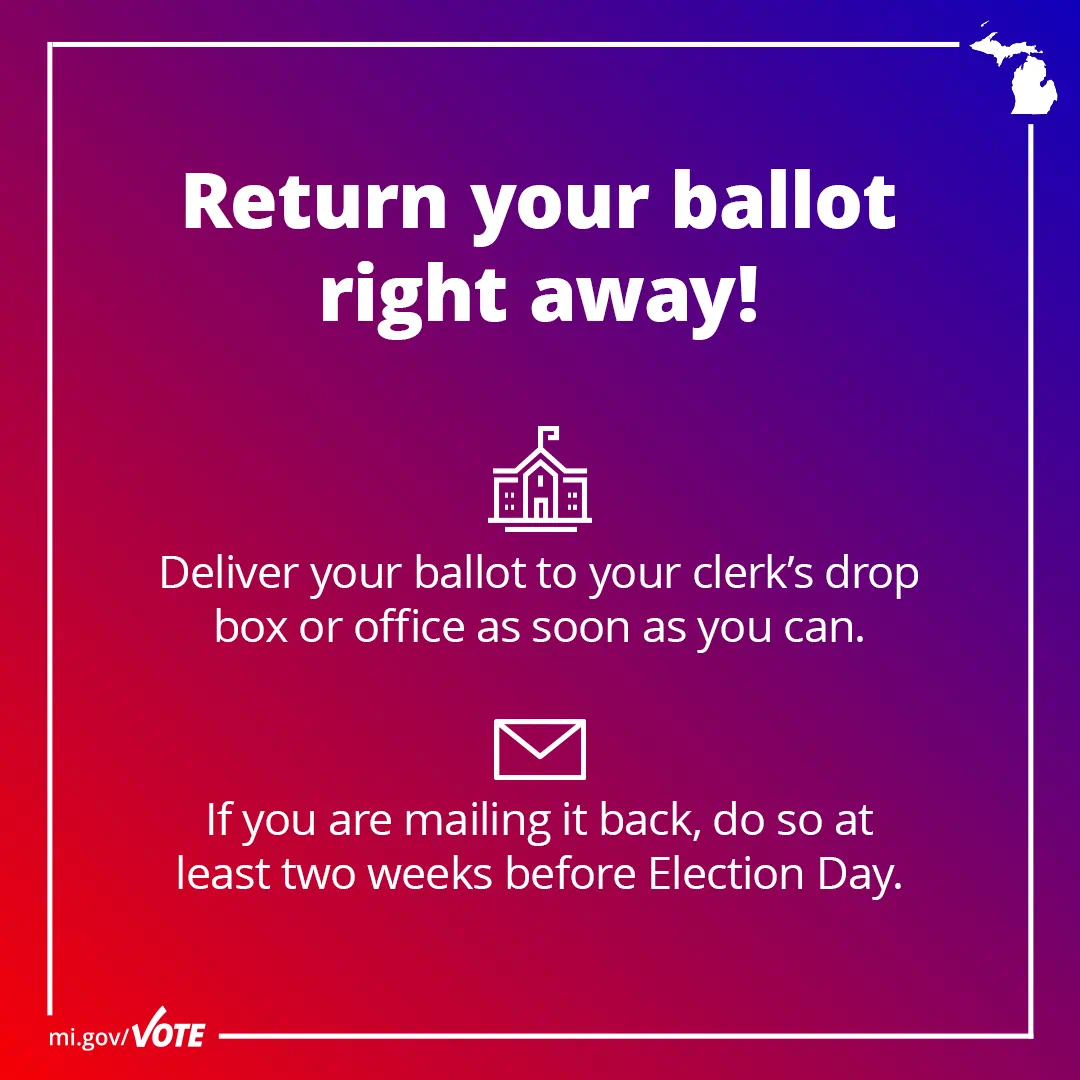Return your ballot right away to clerks drop box or office 