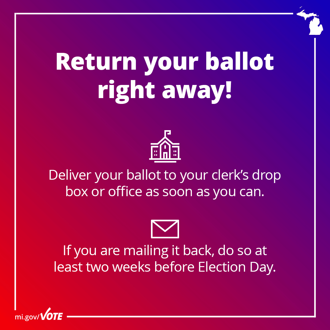 Return your ballot right away to clerks drop box or office 