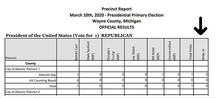 Presidential primary data showing write-in votes