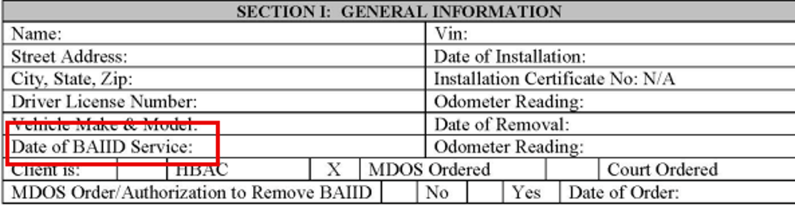BAIID service screenshot highlighting the date of BAIID service
