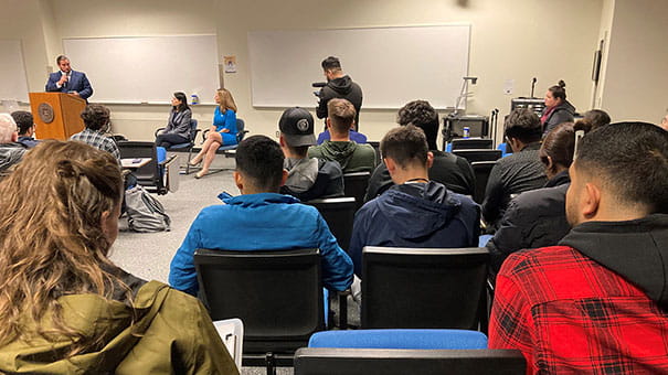 Secretary of State Jocelyn Benson and Attorney General Dana Nessel participate in a voter education town hall with students on the campus of the University of Michigan - Dearborn on Oct. 17.