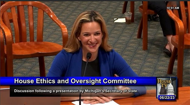 Secretary Benson screenshot at House Ethics and Oversight Committee hearing