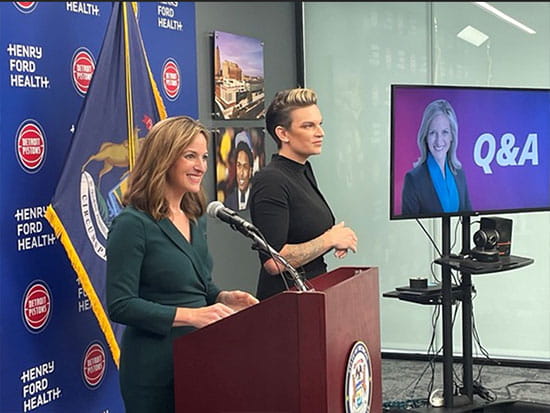 Secretary Benson at voting initiative press conference