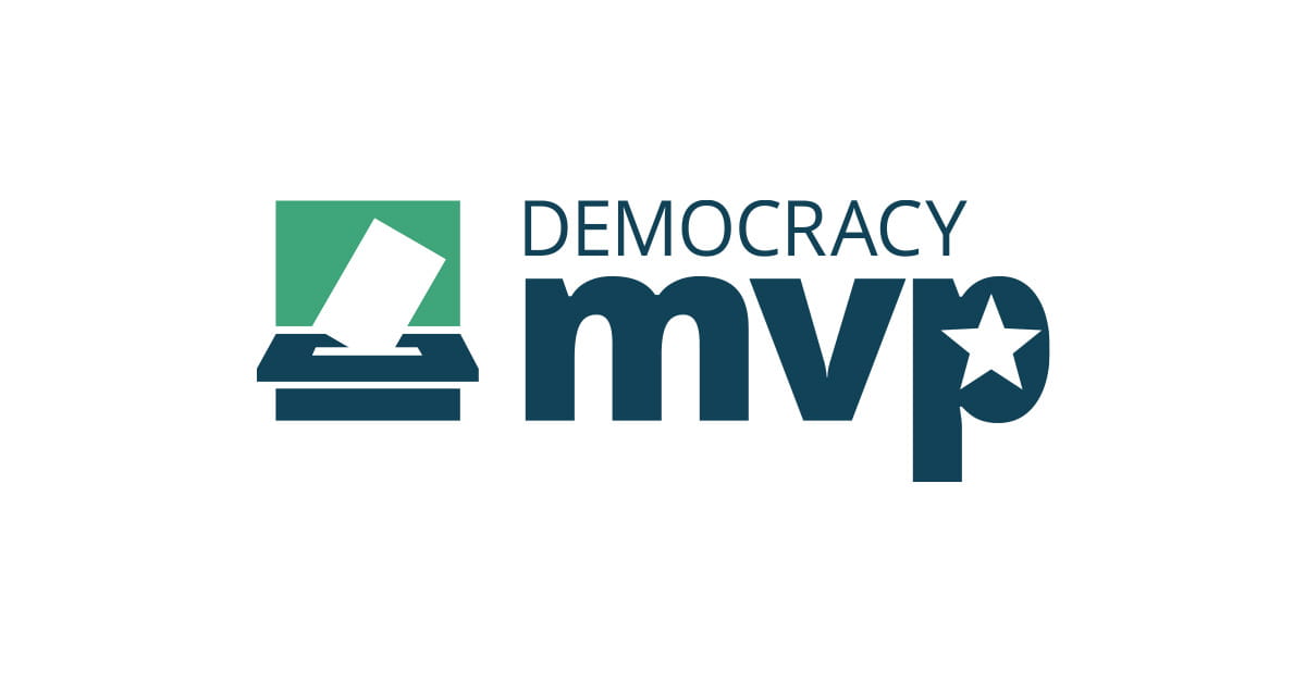 Democracy MVP logo; voting box with ballot and "DEMOCRACY mvp" with the p having a star inside it.
