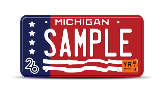 Michigan Semiquincentennial license plate design with stars, stripes, the number 26, and plate letters SAMPLE
