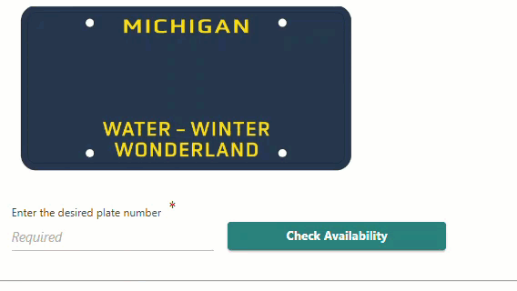 Mouse moving over input and typing "23GRAD" and selecting "Check availability." Notification shows "This plate number is currently available" with a green check icon. Mouse then selects "Order Plate."