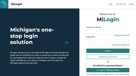 Screenshot of MiLogin landing page