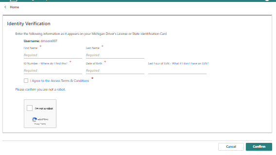 Identity verification screen in Online Services