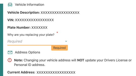 A screenshot of the vehicle information screen of the personalized plates process