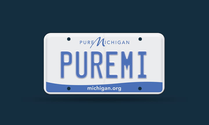 Standard white and blue Michigan license plate with PUREMI as the plate number
