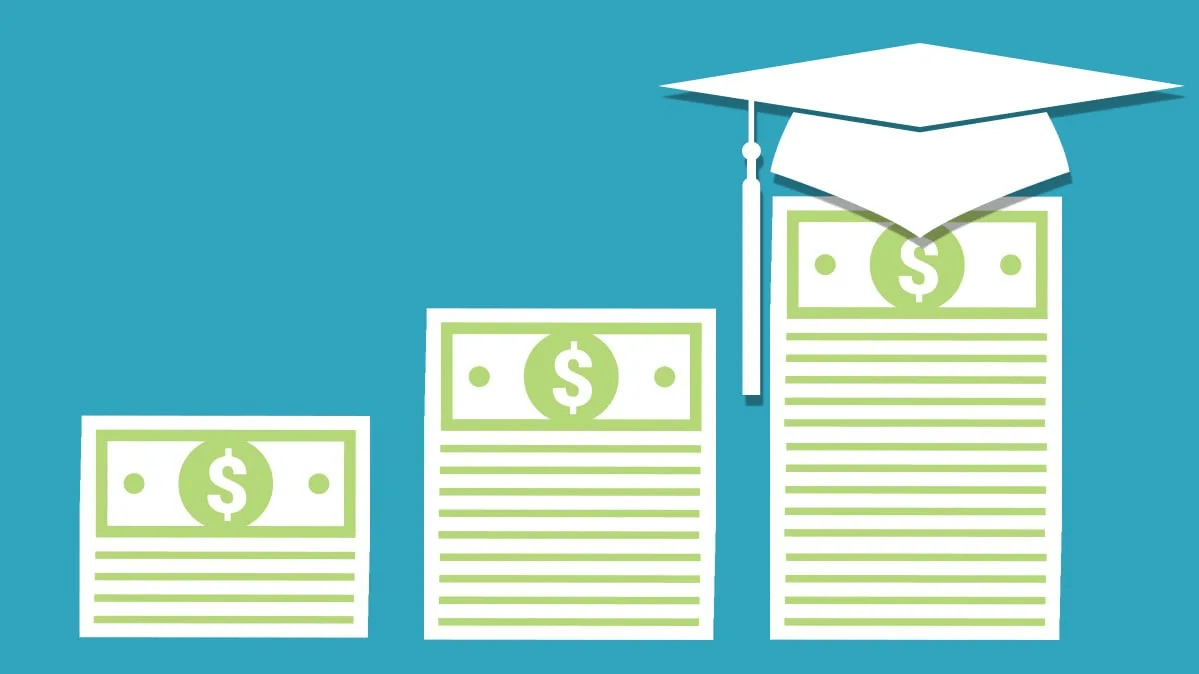 A graphic of a graduation cap with stacks of money.