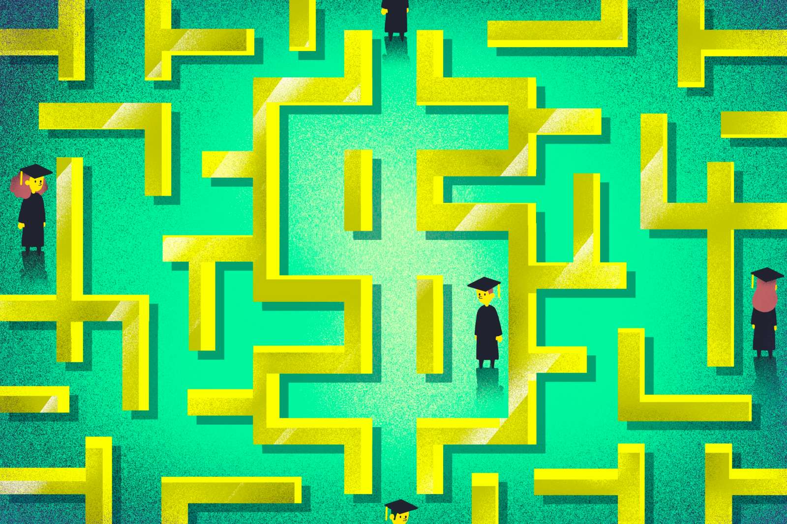 A graphic of graduates walking in a maze.