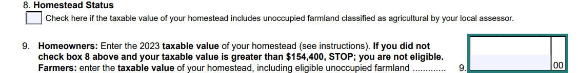 Cropped image of the Homestead Property tax credit form depicting line 9 with an teal box outlining where to put taxable value.