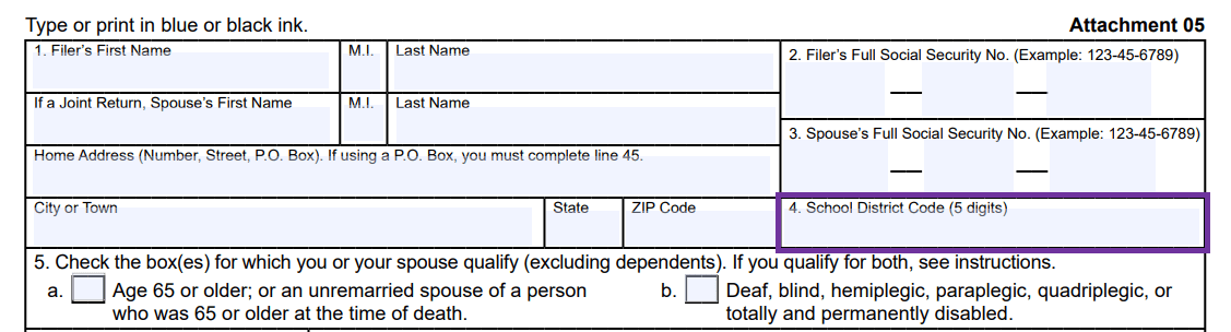 Cropped image of the Homestead Property tax credit form depicting line 4 with a purple box outlining where to put the school district code.
