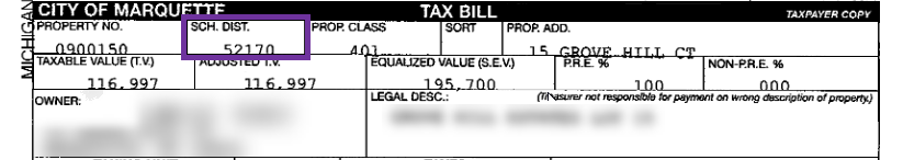 Cropped image of a property tax statement depicting school district code, outlined in purple.