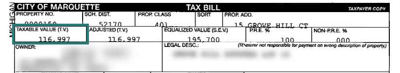 Cropped image of a property tax statement depicting taxable value, outlined in teal.