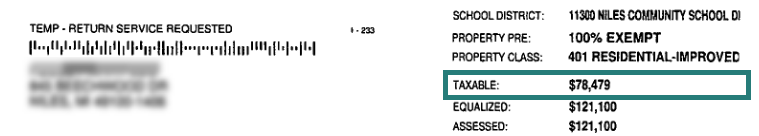 Cropped image of a property tax statement depicting taxable value, outlined in teal.