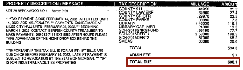 Cropped image of a property tax statement depicting total taxes levied, outlined in red.