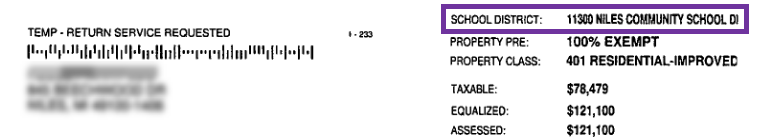 Cropped image of a property tax statement depicting the school district, outlined in purple.