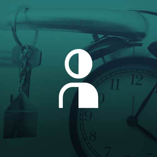 half filled person icon over a background of a clock with keys hanging.