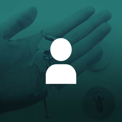 Filled in person icon over a background of a hand holding keys