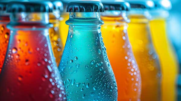 Glass bottles filled with colored liquids.