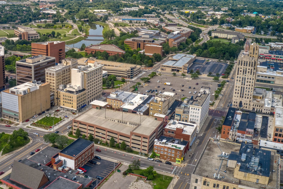 Aerial perspective of downtown Flint, Michigan.