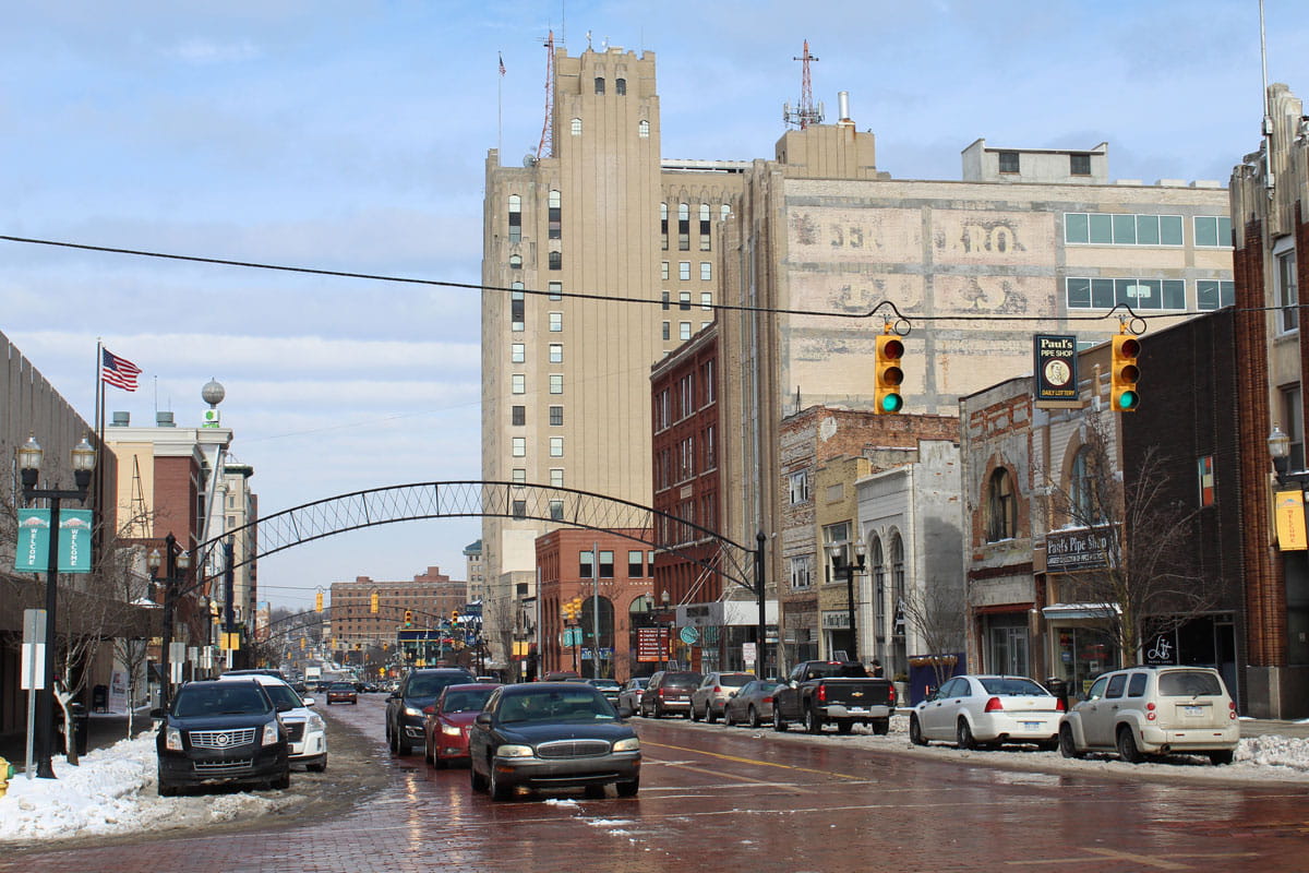 Street level view of downtown Flint, Michigan.