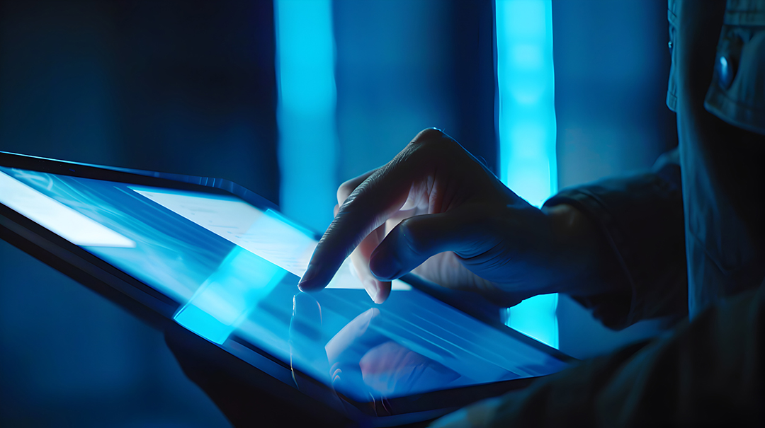 Hand typing on a tablet