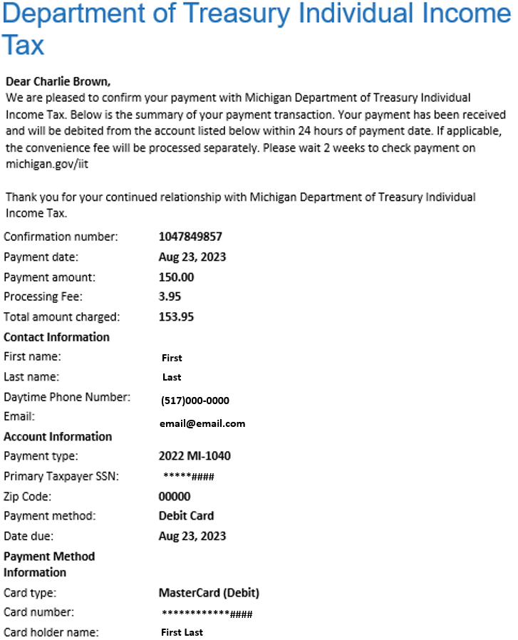 Example confirmation email from Paymentus