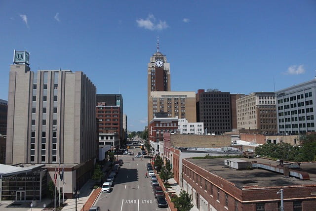 Buildings and streets in downtown Lansing, Michigan.