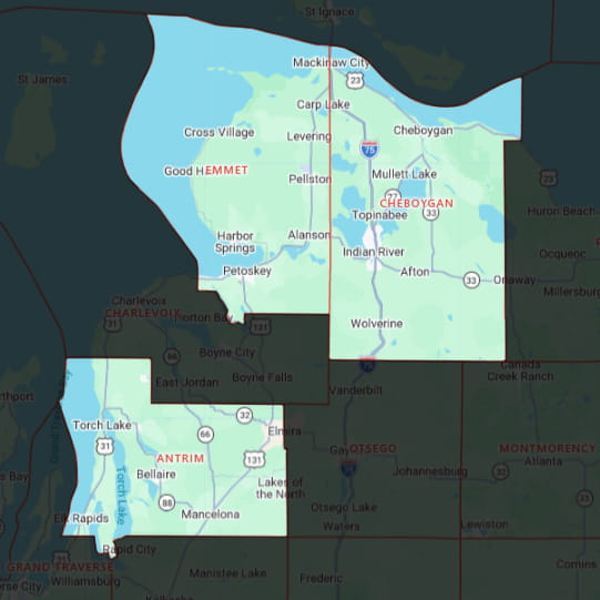Map highlighting Antrim, Cheboygan, and Emmet counties.