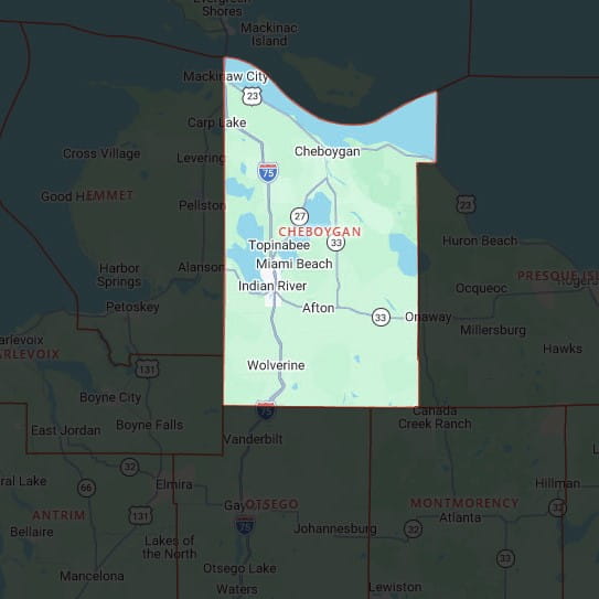 Map highlighting Cheboygan county.